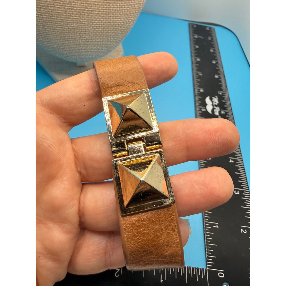Tan Leather Pyramid‎ Stud Wrap Bracelet Gold Tone Hardware Adjustable Snap Cuff